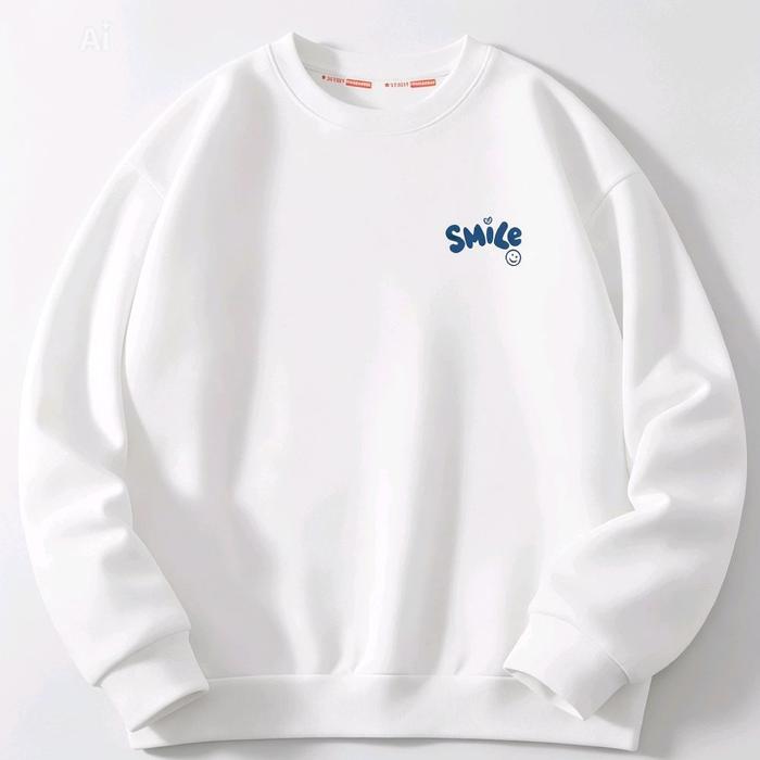 Sweater Rain Crewneck Warna Putih Ukuran M dengan Desain Smile