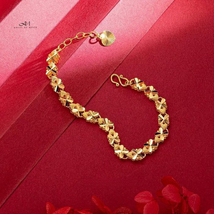 Gelang Wanita Elegan Daun Semanggi 4 Daun – Perhiasan Tangan Vintage Mewah Berlapis Emas 24K Bracele