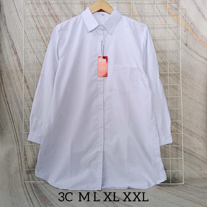Long tunik putih polos lengan panjang bahan katun brand 3coin Atasan Wanita
