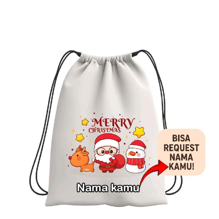 (FREE NAMA) Tas serut Anak stringbag NATAL MARRY CHRISTMAS LUCU AETESHETIK ukuran 28×28/tas souvenir