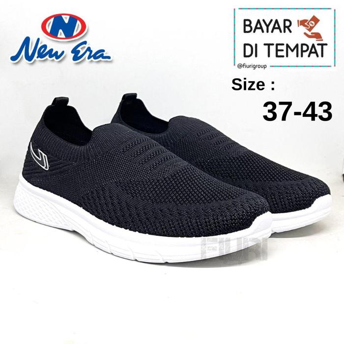 FIURI - NEW ERA  - WINDA 37-41 HITAM PUTIH - SEPATU SNEAKERS SLIP ON WANITA - SEPATU KNIT RAJUT - SE