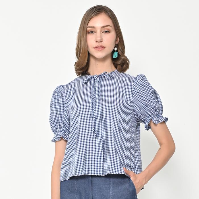 L^More  New Tie  Neck Puff Sleeve Blouse- 279E Darkblue