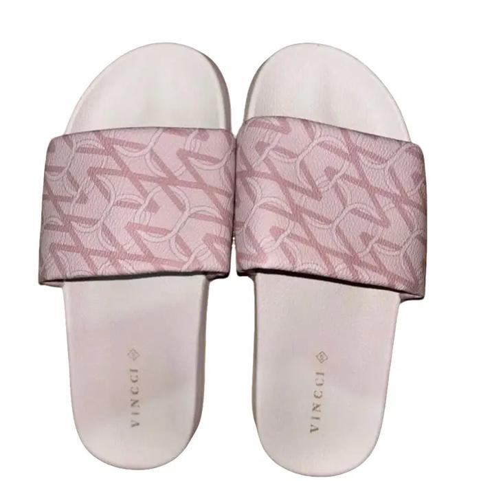 Vincci Sandal Slide Wanita Motif Grafik Polos Warna Nude & White Original Nyaman Dipakai Seharian Si