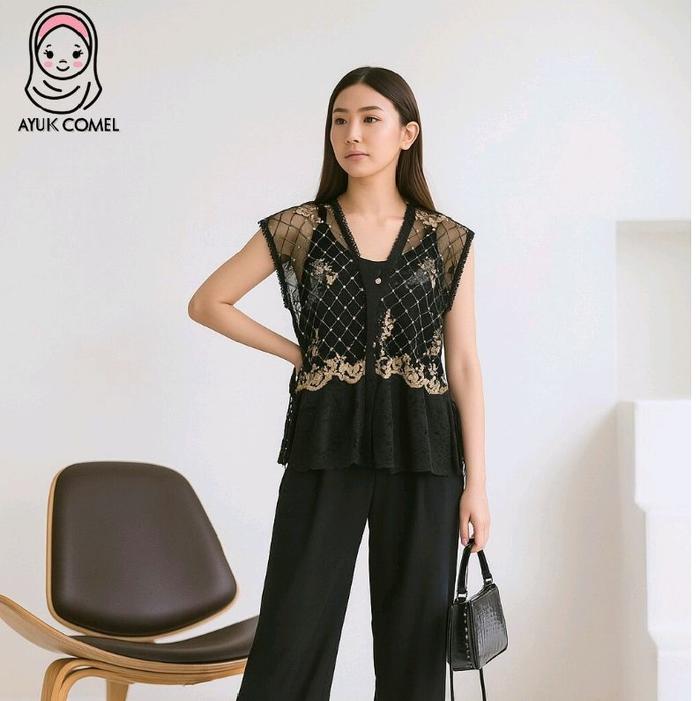 New Varian COMEL (Paket 4in1) Setelan Zura Vest Brukat Outer Tile Garden Celana Cutbray Scuba Polos 