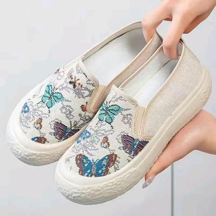 JLV NW059 Sepatu wanita motif kupu kupu sepatu kupu kupu wanita Shoes Kasual Sneakers Putih Flat