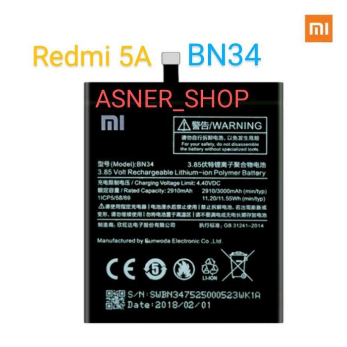 Baterai Xiaomi BN34 Bat Redmi 5A / Bateray Tanam Redmi5A Model Original