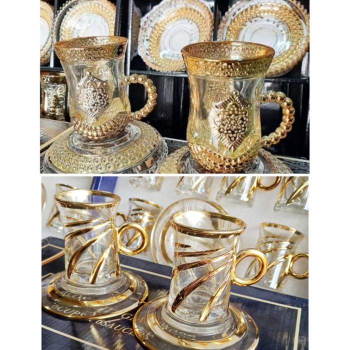 SET CANGKIR + TATAKAN arab kombinasi gold gelas turki CANGKIR TEH arab Tea set bahan kaca