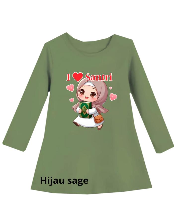 Dress Tunik Motif Gambar ANAK MUSLIM I LOVE SANTRI  Oblong Lengan Panjang Atasan Perempuan Usia 3-12