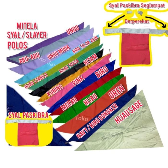 Syal Mitela Segitiga Polos Slayer Paskibra Warna Biru Navy Kuning Hitam Hijau Merah Pink Ungu Abu Sc