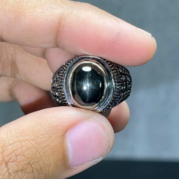 Cincin Batu Nilam Star Natural Hitam Efek Bintang Putih Star 12x10 Alpaka Super Anti Karat