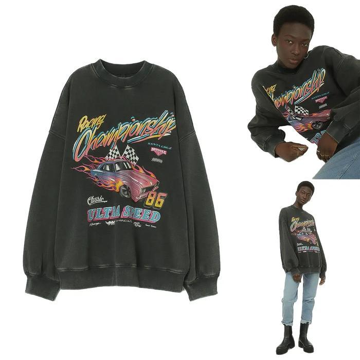 Crewneck Championship Black Wash Dark Grey Sweater Oversize Washed Wanita Flecee Katun Tebal