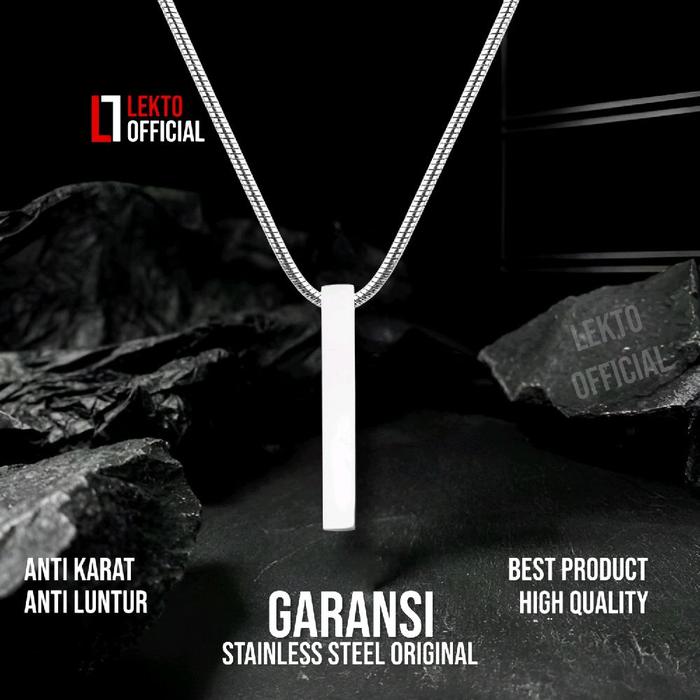 Kalung Titanium Pria Wanita Anti Karat Bandul Balok Kotak Persegi Panjang Silver Perak Putih Asli Or