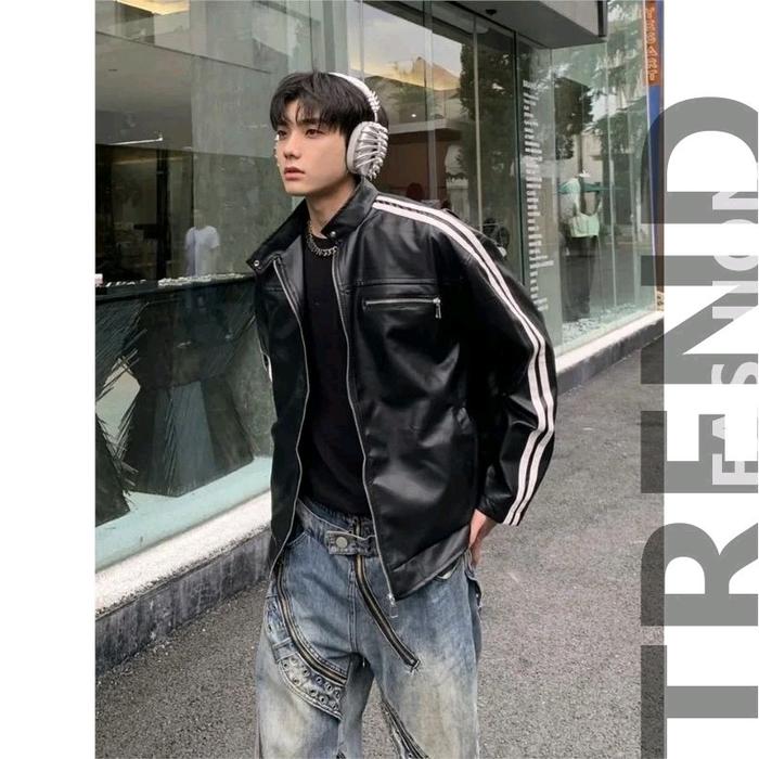 Jaket Kulit Pria Terbaru Style Korea Warna Hitam Dan Coklat Garis Putih