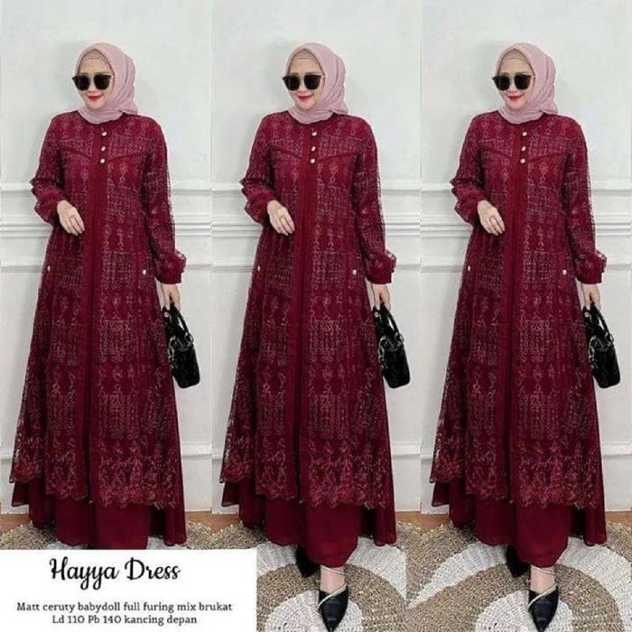 LestariFashion26 Hayya Dress Brokat Terbaru 2026 Gamis Muslim Wanita Bahan Ceruty Babydoll Full Furi