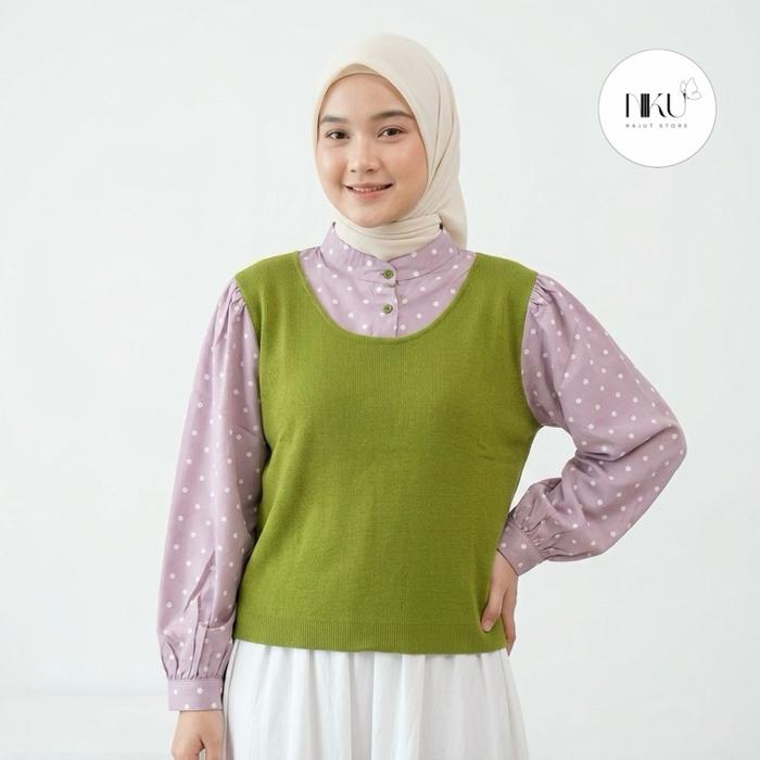 Delvina blouse polkadot kombinasi 2 in 1 atasan baju rajut wanita lengan balon