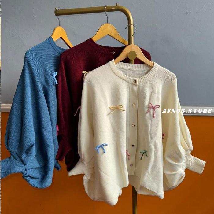 Atasan Rajut Wanita Batwing AQISTA Motif Pita Rainbow Lengan Balon - Tebal, Outer, Katun, Panjang, B