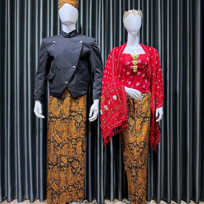 Couple Beskap Solo+Kamisol Jumputan Selendang Jumputan Kain  Batik Lilit Pasangan
