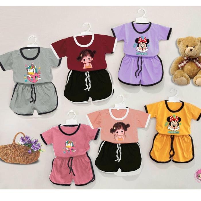 Setelan Anak CHUPA 0-4 Tahun Karakter Print Kartun Set Atasan Baju Bawahan Celana Kaos Spandex Umur 
