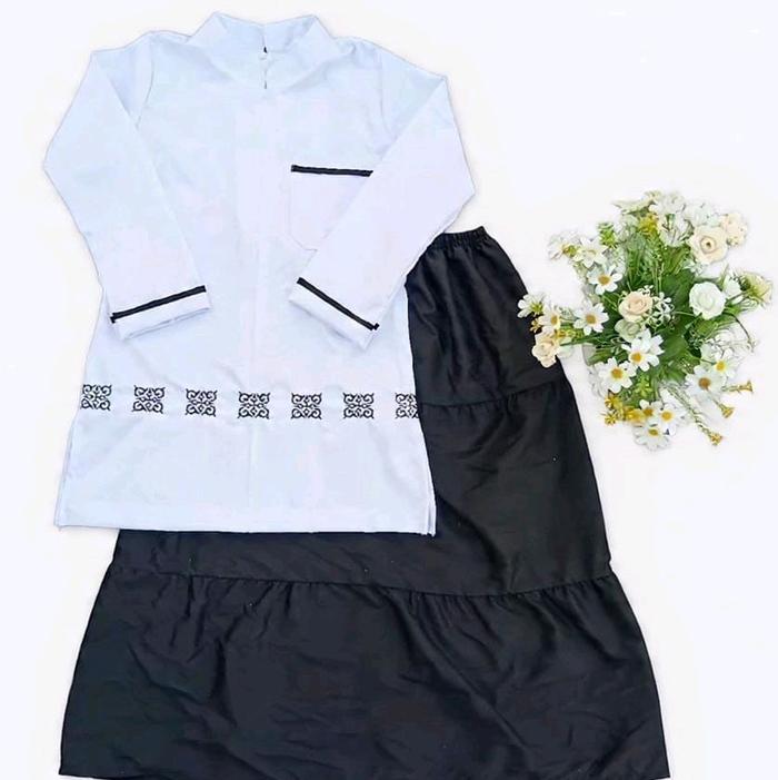 setelan Anak perempuan hitam putih tpa sd smp tunik baju kurung muslimah