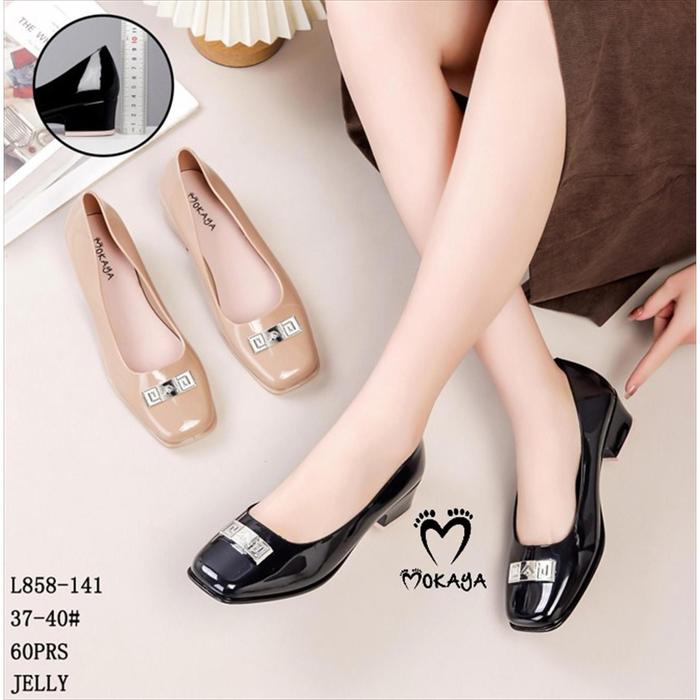 (L858-141) MOKAYA Sepatu Wanita Jelly Hak Tinggi Hias Belted Metallic - Super Mewah Kekinian Nyaman 