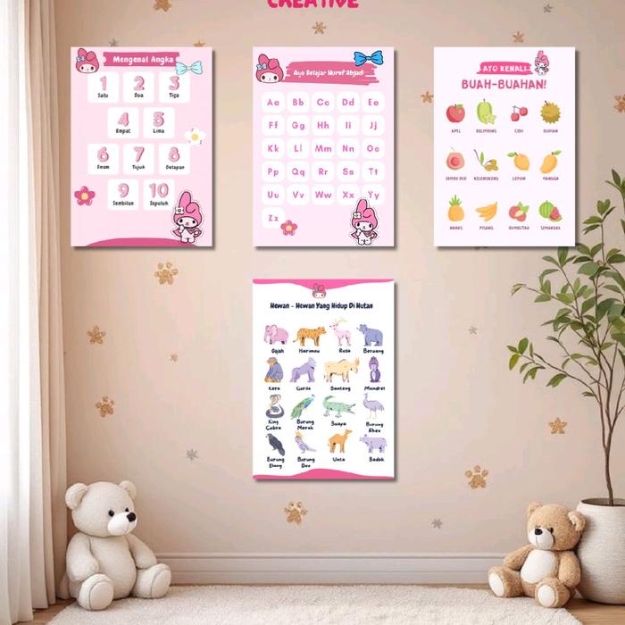 Poster A3 Abjad Angka Buah dan Hewan Tema Kuromi Cinnamorol My Melody