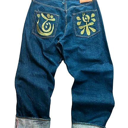 Extremely Rare Vintage 90s Button Fly EVISU Gold Embroidery Selvedge Jeans