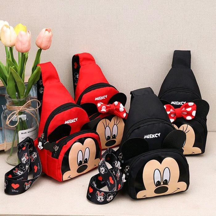 Tas Selempang Import wanita Motif Mickey Minnie Mouse Bahan Kanvas