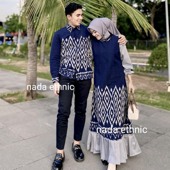 READY STOK COD Set Baju Couple Tenun Pasangan Dres Karina Outfit kondangan Gamis Lebaran Terbaru Kom