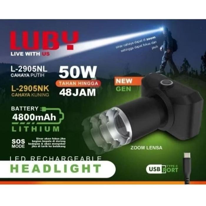 Senter Kepala Zoom LUBY 50 Watt Head Lamp Led Super Terang Senter Rechargeable Type C L-2905NL