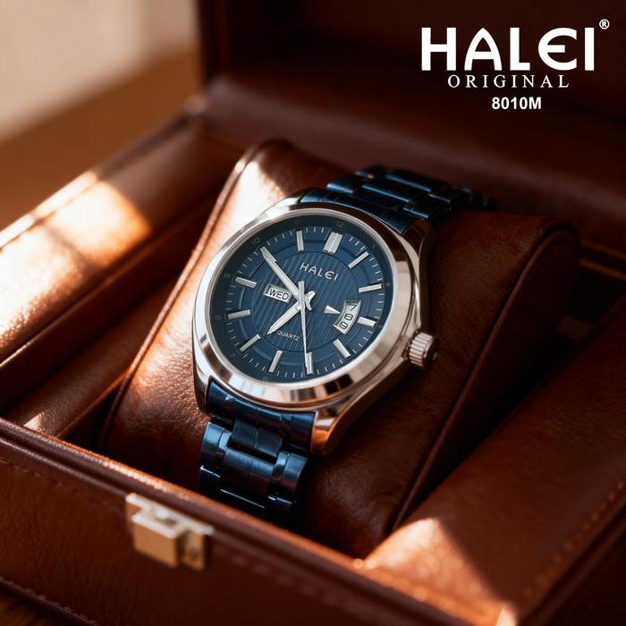 HALEI 8010M Original Jam Tangan Pria – Analog Fashion, Stainless Steel, Anti Air, Day-Date, Bergaran