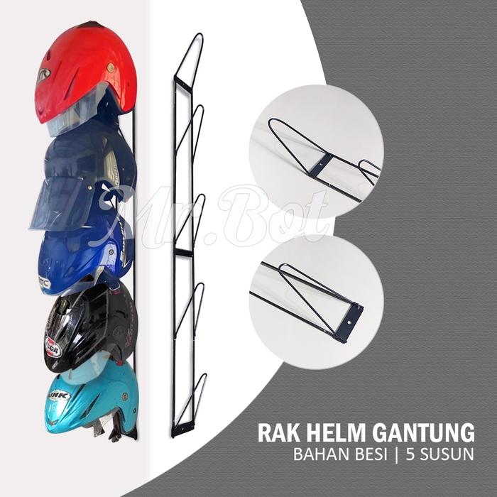 READY Rak Helm Gantung 5 Susun Tempel Dinding Besi Kokoh Anti Karat Sudah Rakitan Warna Hitam