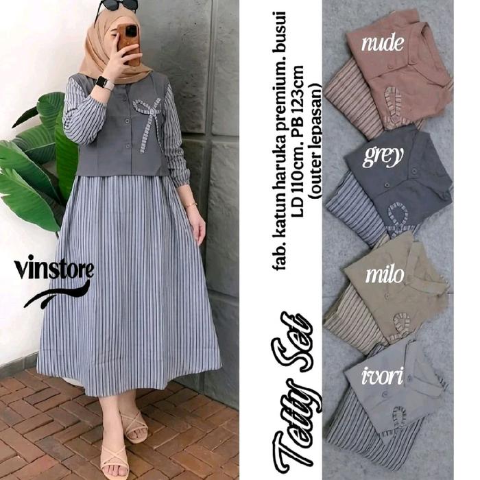 MIDI DRESS TETTY SET BAHAN KATUN GARIS MIX  ROMPI KATUNPOLOS