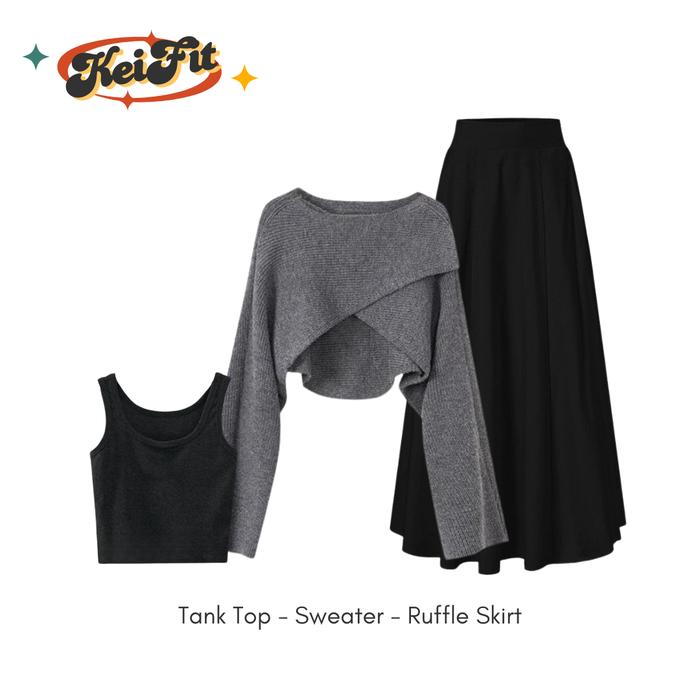 Eirene Set wanita Kekinian Korea Style import (Tank Top, Atasan Sweater Silang Tebal Korea, Rok Susu