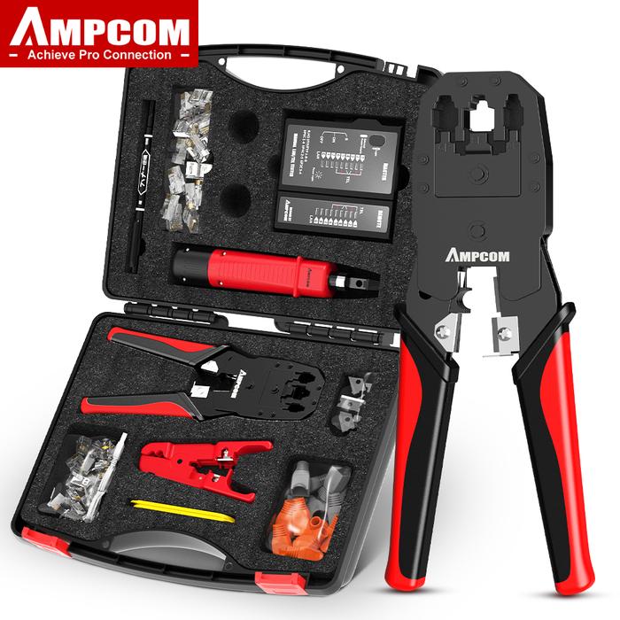 AMPCOM RJ45 Crimper Lan Tester Tool Set Ethernet Cable Stripper Punch