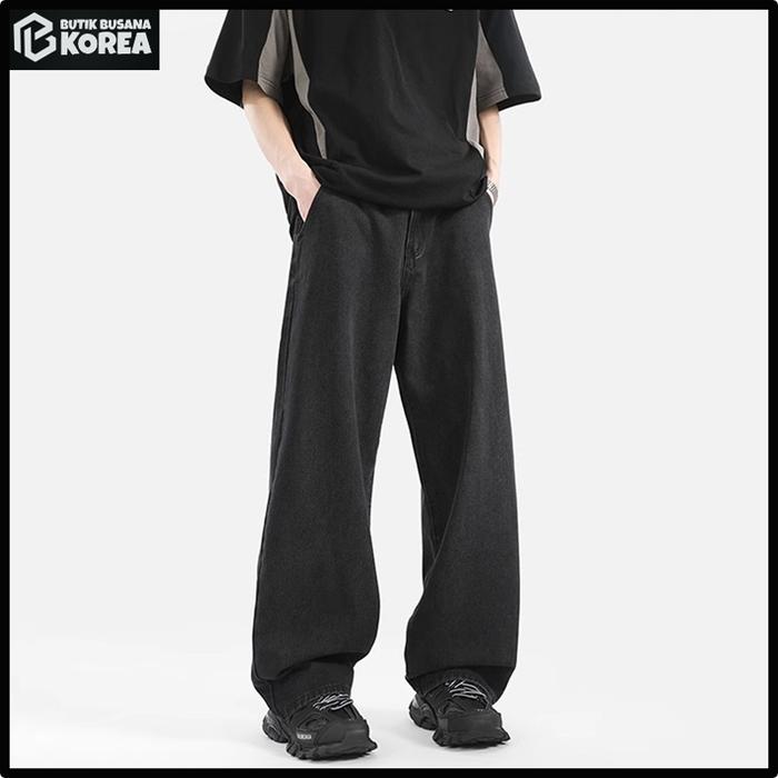 Jeans untuk Pria Celana Kaki Lebar Tirai Lurus Longgar Jalan Raya Amerika Celana Hitam Serbaguna Kas