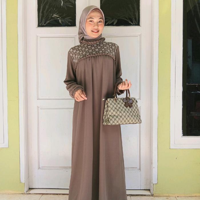 Gamis  Sararae Hijab Ceruti Kerah,dada Rampel/kombinasi Brukat, Gamis Caaual, Formal Wanita