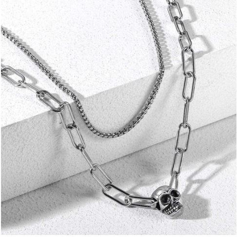 Kalung Paperclip 2 Layer Liontin Tengkorak Pria Titanium Anti Luntur / Kalung Rantai Liontin Tengkor