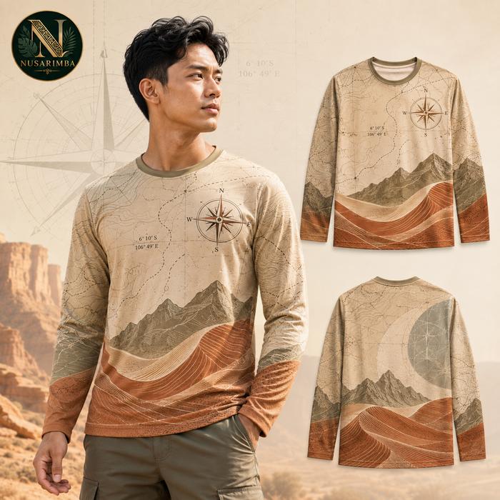 Kaos Lengan Panjang Pria Motif Peta Topografi Warna Krem-Olive-Terakota, Lembut dan Adem