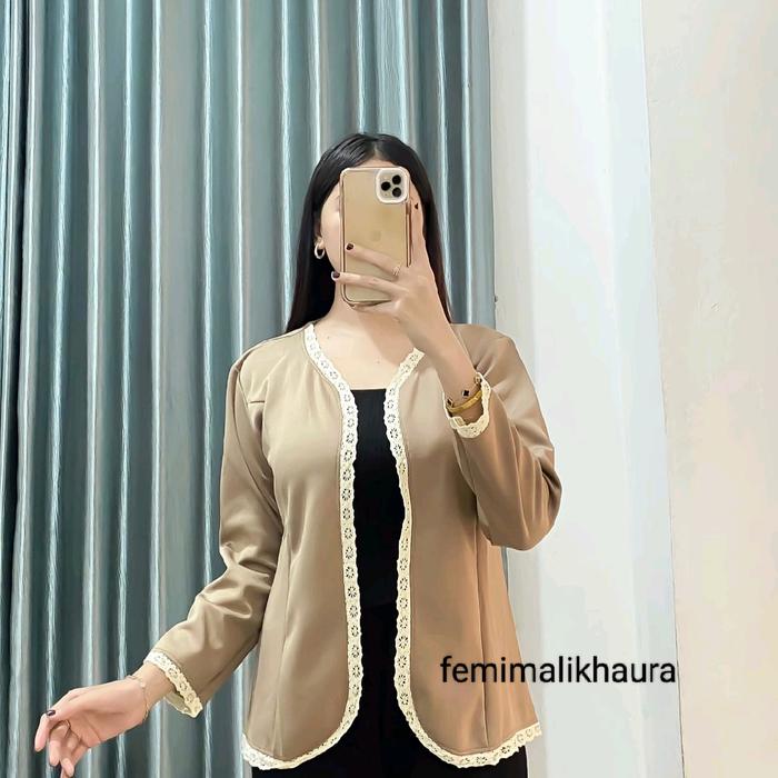 Femimalikhaura Blazer Polos Renda Bahan Scuba Premium Ld 110cm Panjang 65cm Cocok Untuk Outer Gamis 