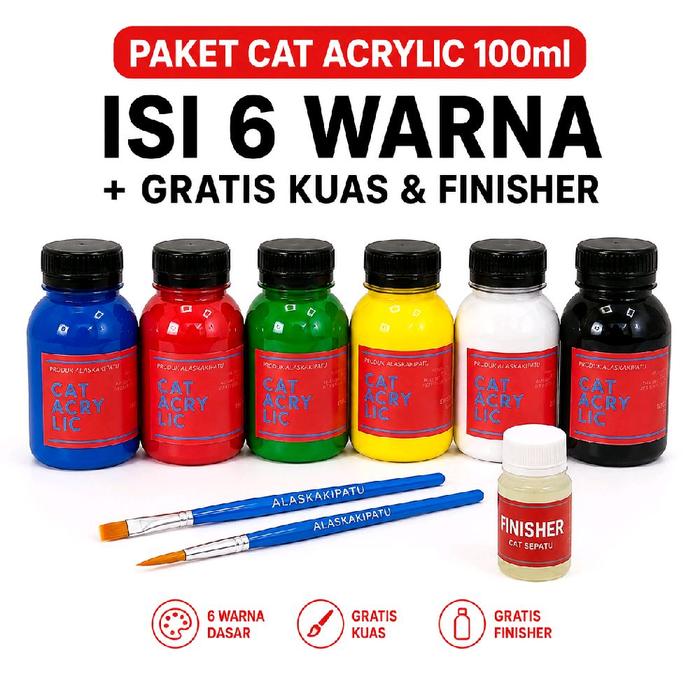 Cat Sepatu Acrylic 6pcs Warna Dasar Hitam Merah biru hijau kuning putih 100ml Botol Gratis Kuas & Fi