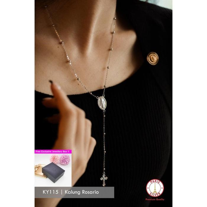 TERLARIS Kalung Salib Rosario Bunda Maria Perak Asli Silver 925 Lapis Emas Putih Liontin Salip Pria