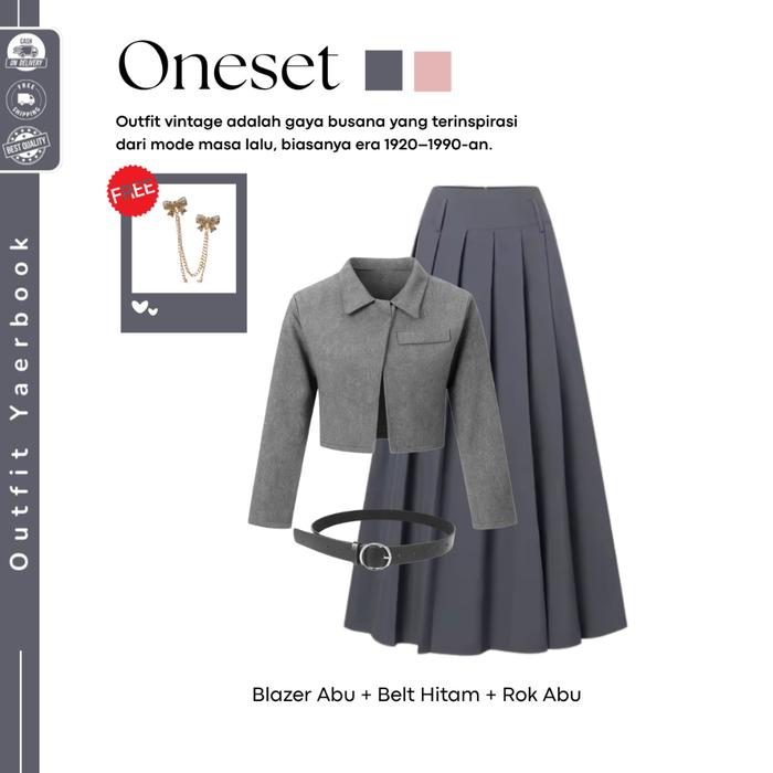 Outfit Yearbook Remaja Kekinian ( Blazer Abu + Inner Manset + Rok Abu ) Oneset 3In1 Viral - FO76