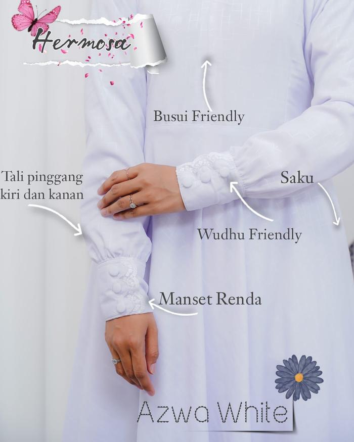 [Gamis hermosa]Gamis hermosa bahan wolfis embos motif azwa putih-gamis manasik haji-gamis umroh Kanc
