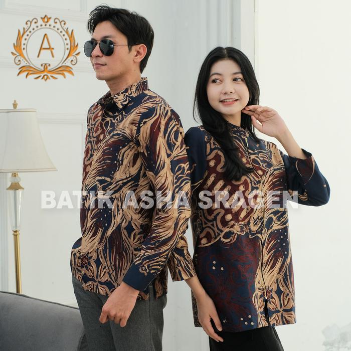 Batik Asha-Batik Pria Lengan Panjang-Tunik Wanita-Batik Pasangan-Motif Abstrak Daun Warna Navy kombi