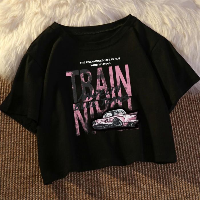 Kaos pendek longgar Hip hop retro car crop top wanita y2k retro style