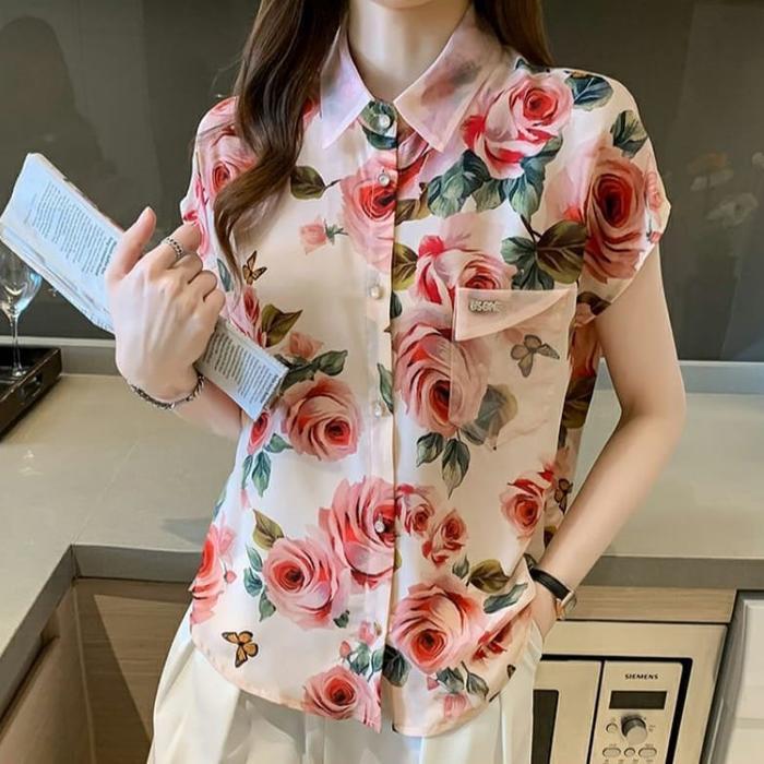 SZ206 FS 7221 Kemeja atasan ELINA floral Top crepe motif bunga premium lengan pendek baju blouse hem