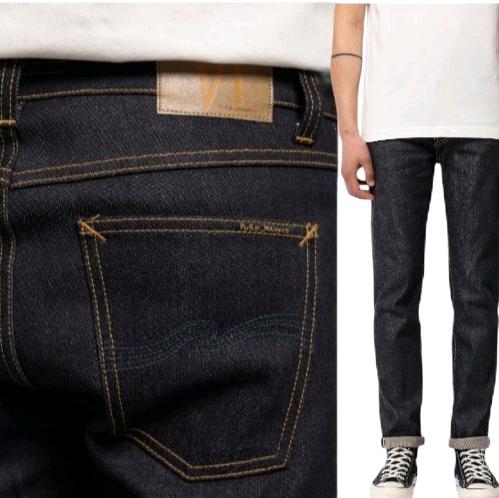 Celana jeans panjang pria slim fit, nudie Lean Dean dry salvadge original, hitam garmend