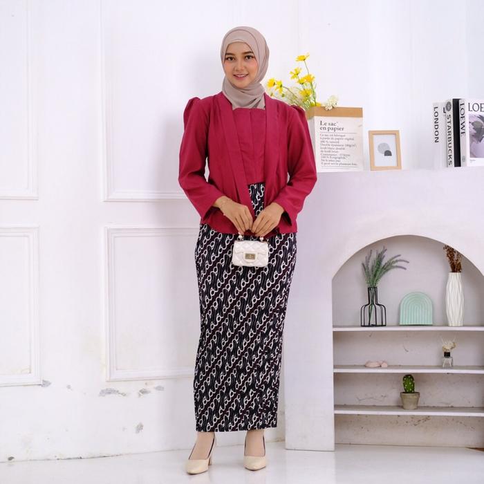 KEBAYA KUTUBARU BELUDRU POLOS & ROK PLISKET BATIK PREMIUM / SETELAN BAJU TRADISIONAL / BAJU WISUDA A
