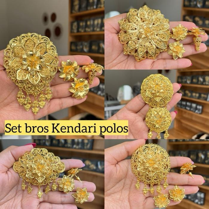 Set bros Kendari polos lapis emas / bros Kendari / bros bunga Kendari / bros kenari alpaka lapis ema