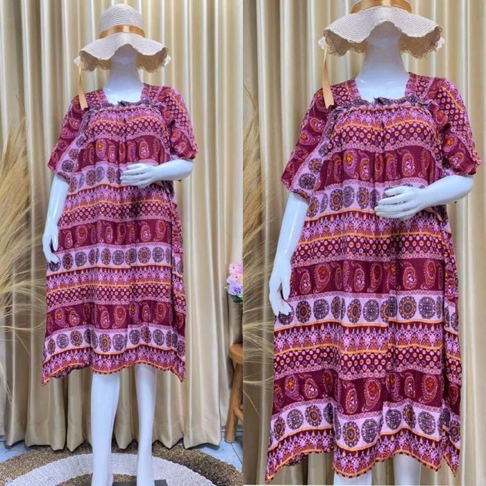 Daster Mahalini Wanita Midi Pendek Bunga Casual Rayon Premium - Celana Busui piyama lengan baj up hi